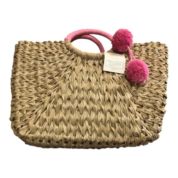 Wicker style straw natural basketweave pink knit pompom oversized beach tote new - Picture 5 of 16